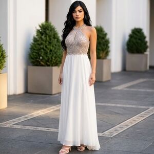 Renaissance Beaded Halter Bodice Maxi Dress in Ivory: Sz 4 Small Stains On Train